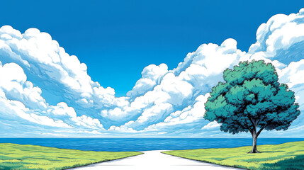 Fototapeta premium A tranquil scene with a winding road leading to a beautiful ocean view.