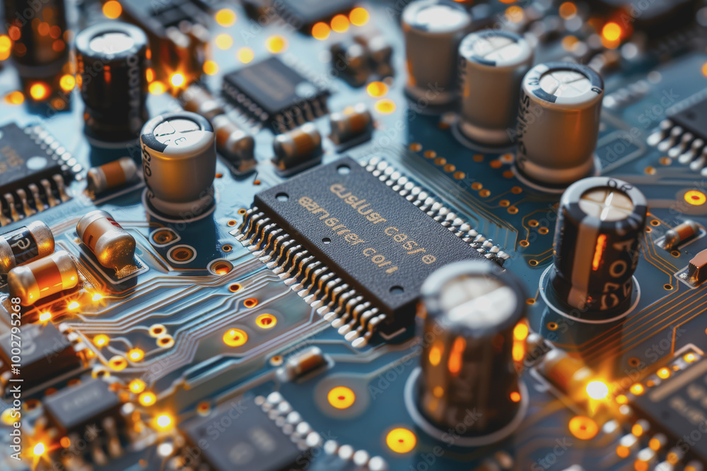 Poster a close-up of a circuit board with many electronic components.