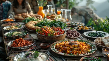Obraz premium A family gathering around a beautifully decorated table, enjoying a traditional Eid al-Fitr meal together