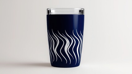 Stylish navy blue cup with a wavy white design, perfect for beverages, isolated on white background.