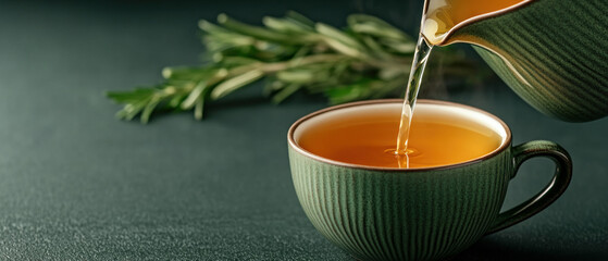 Tea pouring from a pitcher into a green ribbed cup, white isolate background.