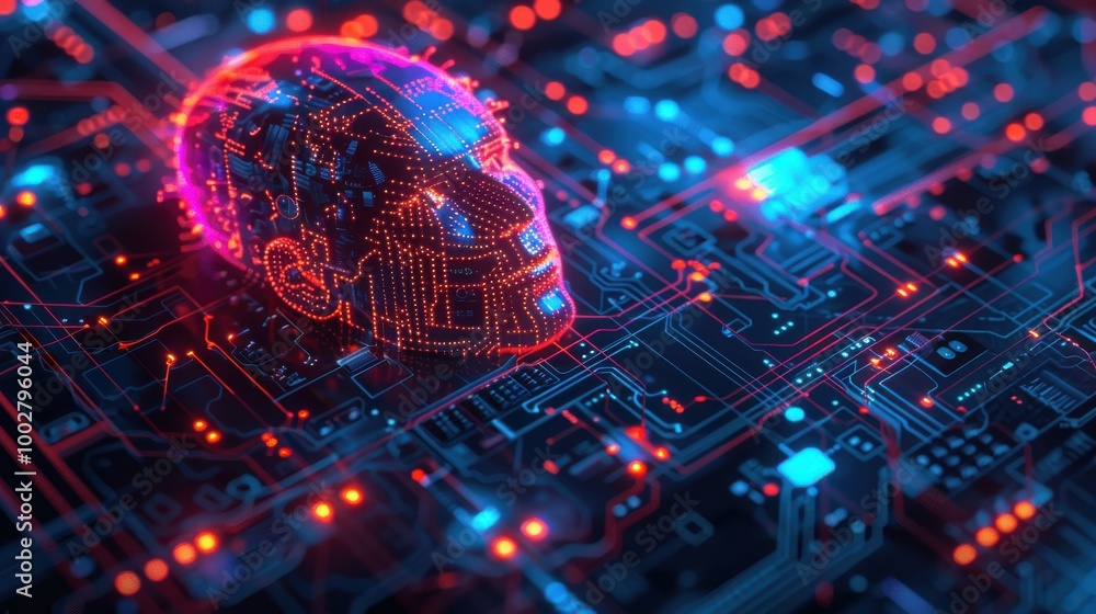 Poster ai and machine learning concept with digital skull