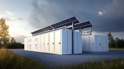 Obraz premium Solar Panel Installation with White Containers