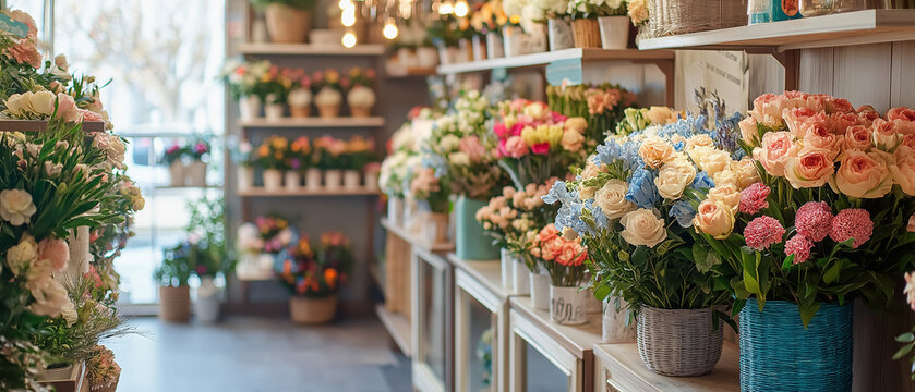 Colorful flower arrangements in a bright florist shop, showcasing vibrant bouquets of roses, carnations, and assorted flowers in pots for decoration, celebration, and gifting purposes