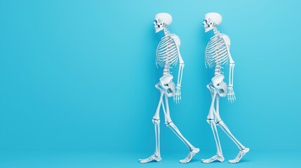 Two Human Skeletons Walking Against Blue Background