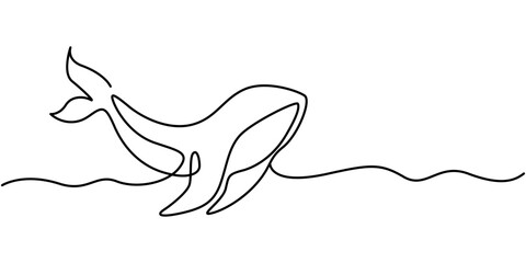 Whale tail drawing by one continuous line, blue whale drawing by one continuous line, vector, Whale dives into ocean water. Continuous one line drawing whale and Blue spot and sea waves. Abstract hand © Line emotion