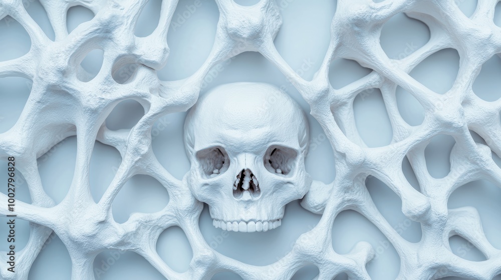 Poster white skull on abstract bone-like structure background