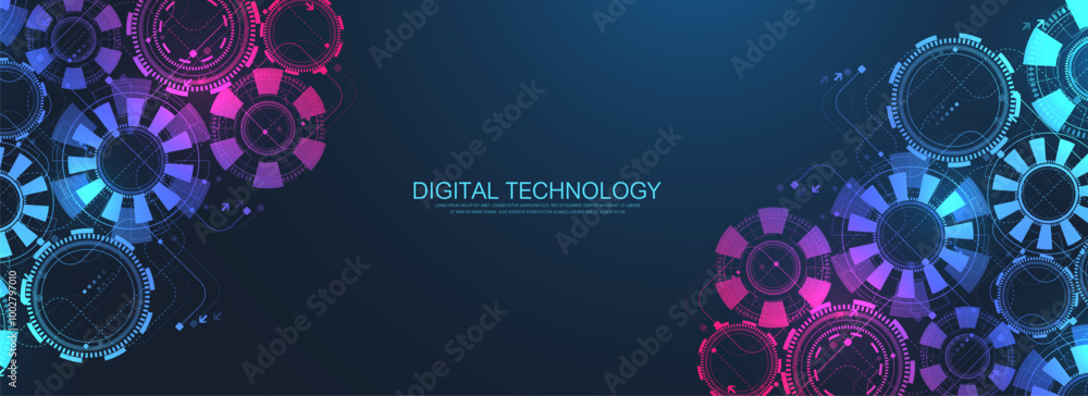 Poster abstract digital technology background with circuit board texture. abstract gear wheel mechanism bac