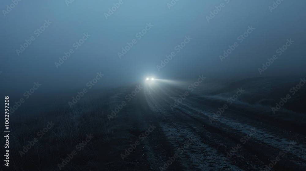 Wall mural Mysterious Foggy Road with Car Lights at Dusk