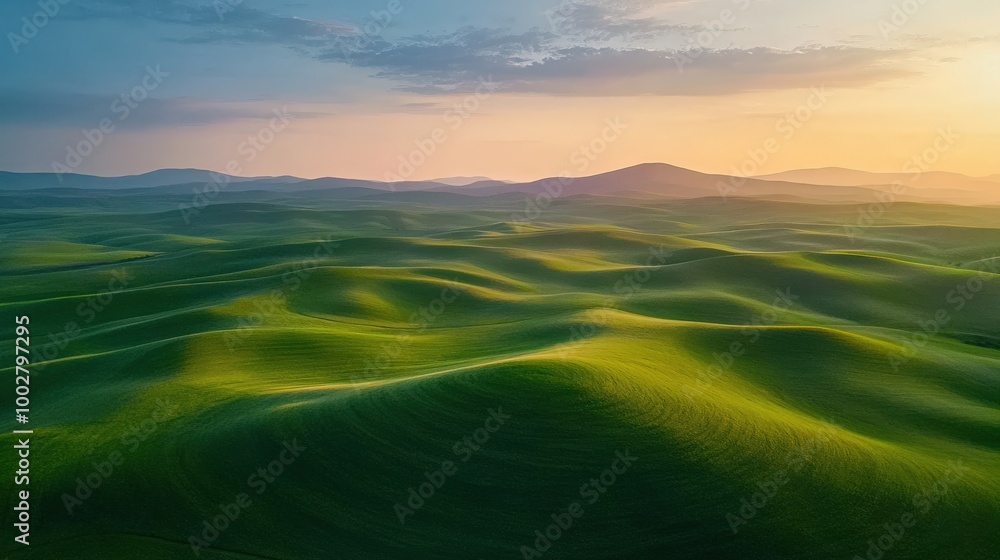 Poster rolling green hills stretch under a soft dawn light, creating a tranquil and inviting atmosphere as 