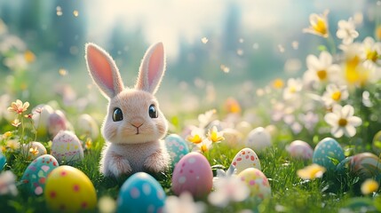 Adorable Easter bunny hopping through a lush colorful spring meadow surrounded by vibrant decorated Easter eggs and delicate flowers