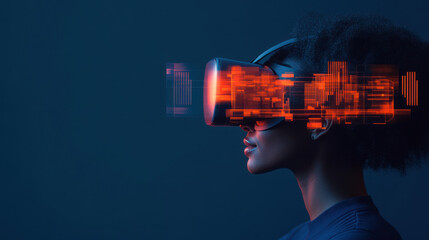 Young woman using virtual reality headset with digital overlay.