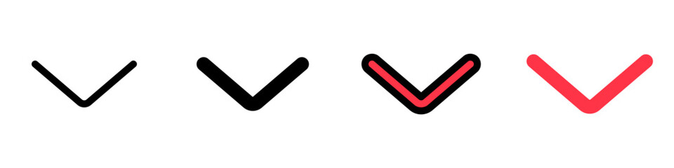 Vector single arrow chevron down icon. Black, white background. Perfect for app and web interfaces, infographics, presentations, marketing, etc.