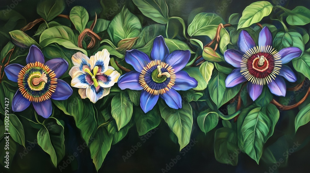 Wall mural Vibrant display of passionflower varieties surrounded by lush green foliage