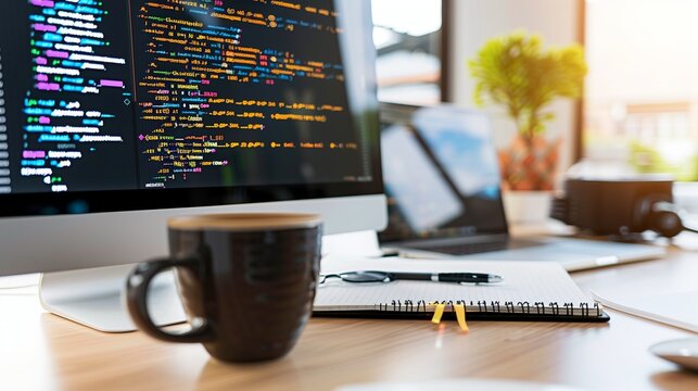 A Workstation With a Coding Display and Coffee Cup During a Productive Work Session