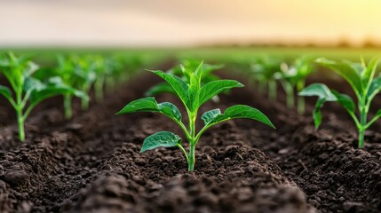 Fresh Green Seedling in Fertile Soil at Sunrise