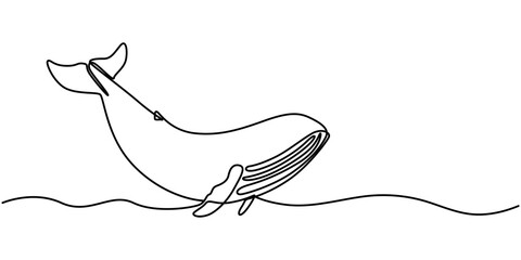 Whale tail drawing by one continuous line, blue whale drawing by one continuous line, vector, Whale dives into ocean water. Continuous one line drawing whale and Blue spot and sea waves. Abstract hand