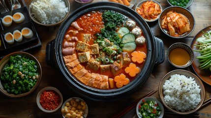 A family enjoying a hot pot meal with a variety of fresh ingredients.