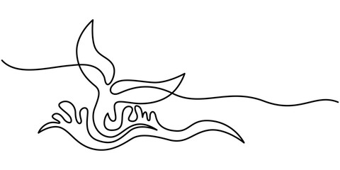 Whale tail drawing by one continuous line, blue whale drawing by one continuous line, vector, Whale dives into ocean water. Continuous one line drawing whale and Blue spot and sea waves. Abstract hand