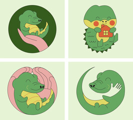 Cute alligators - a set of logos. Minimalistic illustrations of crocodiles surrounded by care and have their own home. The design creates a feeling of safety, warmth and comfort.  