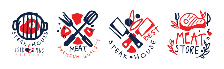 Steak House or Meat Store Typography Label Design Vector Set