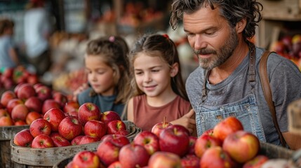 A family with children picking out organic apples from a bushel basket at a farmers' market, with apple orchards in the background