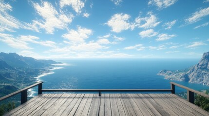 Perspective from a wooden viewing platform, with the ocean stretching infinitely ahead