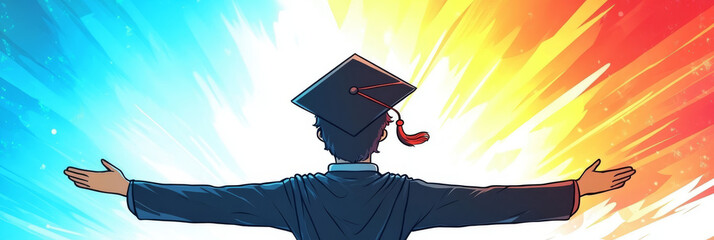 Graduate student with arms outstretched, ready for the future.