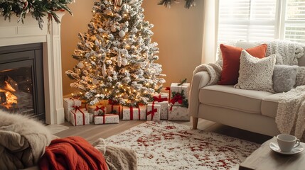Cozy and festive Christmas tree backdrop with soft lighting plush decor and warm blankets creating an inviting holiday atmosphere in the living room