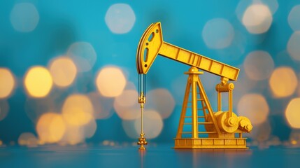 Golden Oil Pump Jack on Blue Background with Bokeh Effects