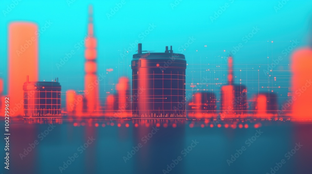 Poster futuristic cityscape with digital elements and structures