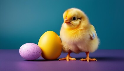 Close up photo of Easter chicks and easter eggs. with a plain color background