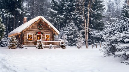 Naklejka premium Cozy Cabin Nestled in a Snowy Winter Wonderland with Festive for Family Christmas Gatherings and