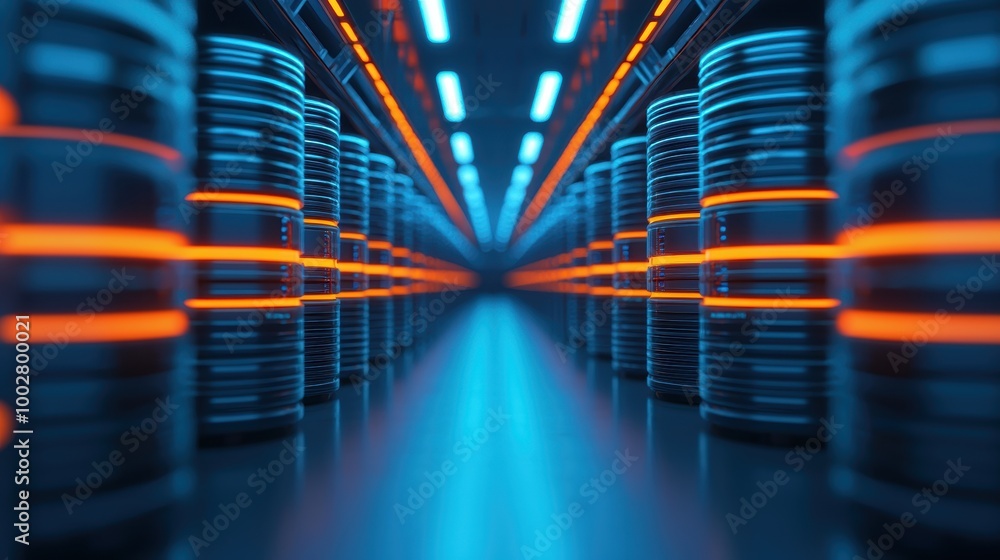 Poster neon data center with rows of storage servers