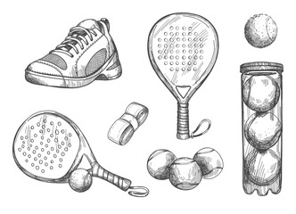 Vector seamless pattern with pickleball equipment. Pattern with balls and rackets, sports bottle and sneakers in sketch style.