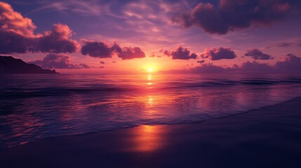 Obraz premium Sunset paints the sky in orange and purple over a serene beach, clear water reflecting the colors