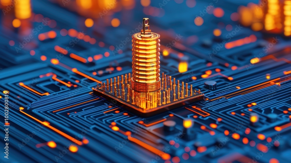 Poster golden tower on circuit board in futuristic setting