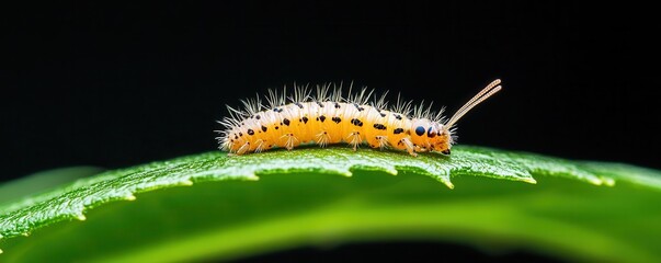 Fototapeta premium Close-up of a caterpillar on a green leaf, focus on body segments and tiny hairs, Caterpillar detail, Nature's small wonders