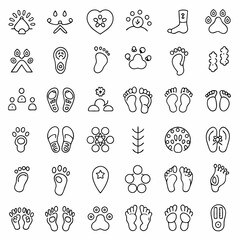 This comprehensive set of 36 line icons features various foot, paw, and footprint illustrations, ideal for websites, apps, and graphic design projects. Each icon offers a clean, modern look.
