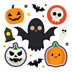 A fun and festive Halloween illustration featuring cute ghosts, pumpkins, and bats. Perfect for adding a spooky touch to your designs, this graphic is ideal for seasonal projects, party invitations.