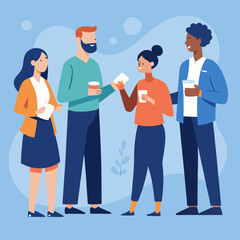 A colorful illustration of four diverse individuals interacting and enjoying a casual conversation while holding coffee cups. This friendly scene depicts teamwork, social connection.