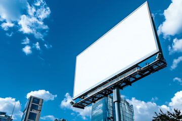 White billboard mockup attached to a modern skyscraper, bustling cityscape at street level below, white horizontal billboard  mockup  cityscape, urban corporate advertising