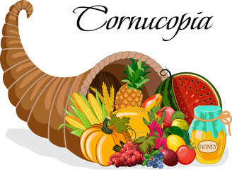Illustration with a cornucopia.Vector illustration with food products in cornucopia on transparent background with text.