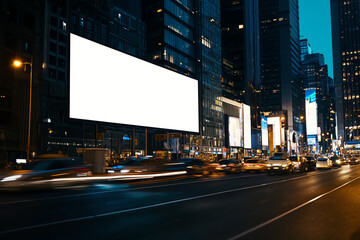 White horizontal billboard mockup along a busy street, urban cityscape and traffic below, white horizontal billboard  mockup  cityscape, city marketing