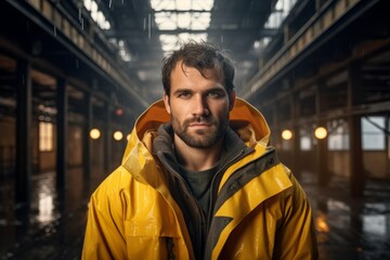 Portrait of a content man in his 30s sporting a waterproof rain jacket over empty modern loft background