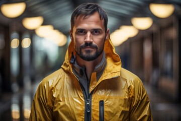 Obraz premium Portrait of a content man in his 30s sporting a waterproof rain jacket on empty modern loft background