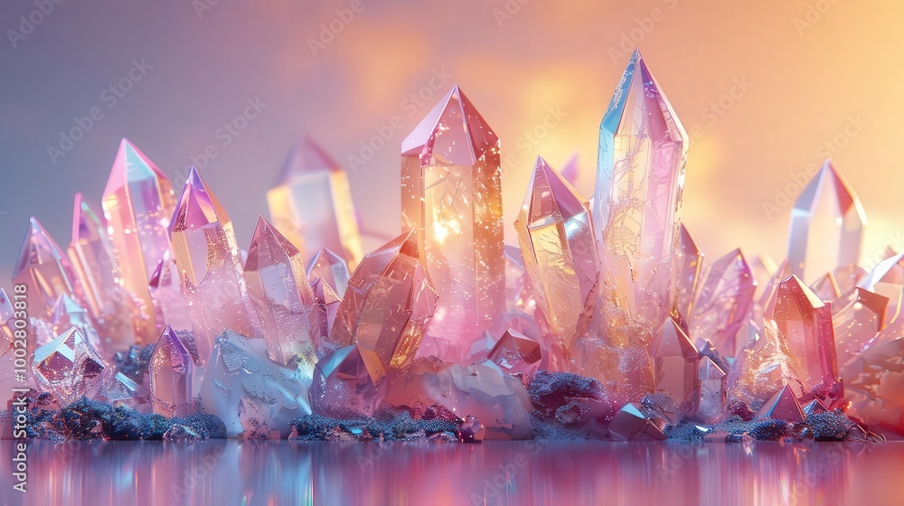 Poster a stunning display of colorful crystals reflecting light, creating a serene and magical atmosphere.