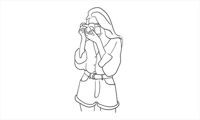 Girl photographer continuous line art drawing isolated on white background. Camera line art drawing. Vector illustration	