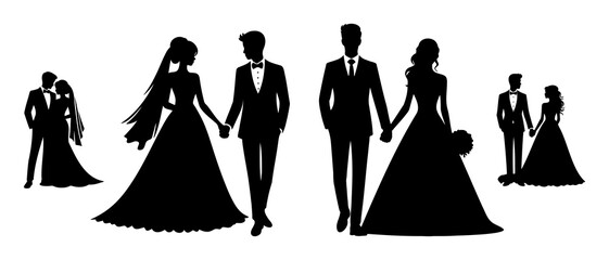 Happy newly married couple holding hands. Wedding couple silhouette black filled vector Illustration icon