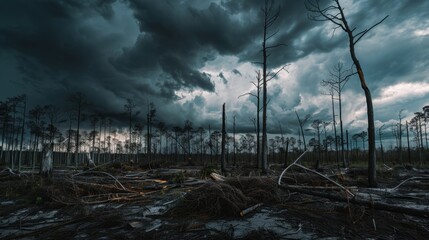 Dark Stormy Sky Over Desolate Forest Landscape